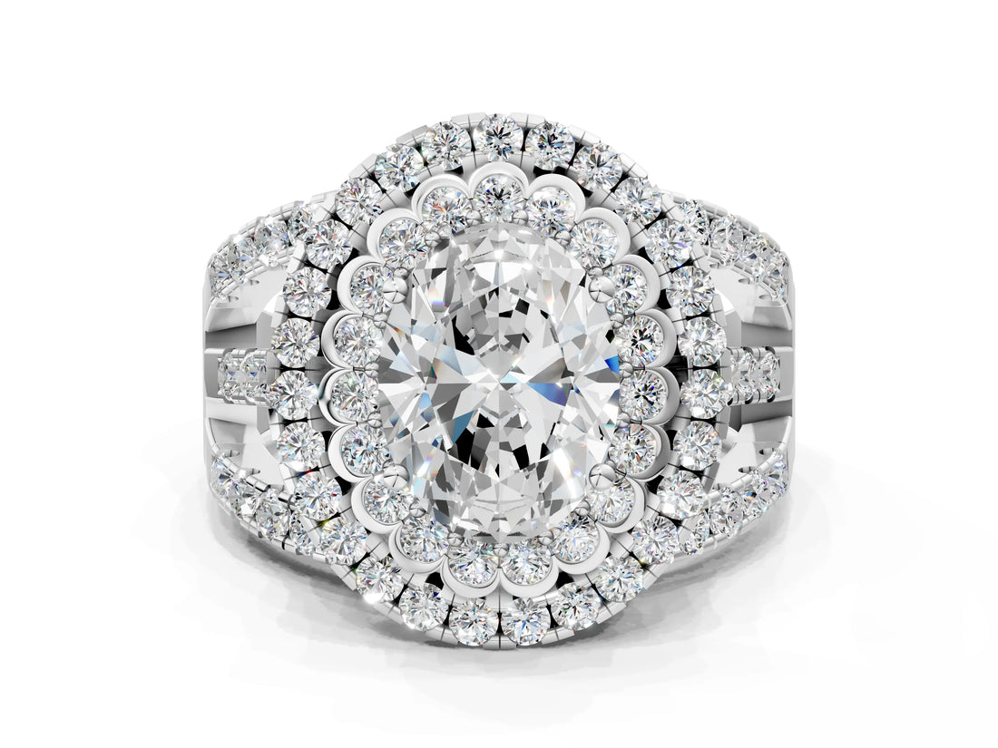 White gold Double Halo Oval Cut Diamond Split Shank Pave Set Ring_3