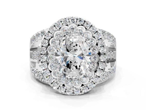 White Gold Oval Scalloped Double Halo Engagement Ring Setting
