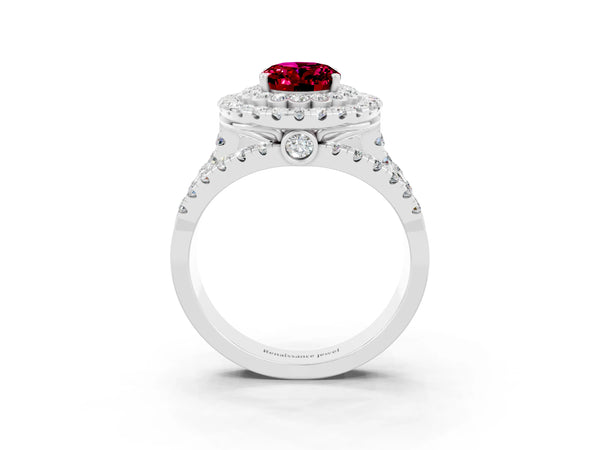 Platinum Oval Cut Garnet Double Halo Ring with Round Pavé Split Shank and Prong Setting