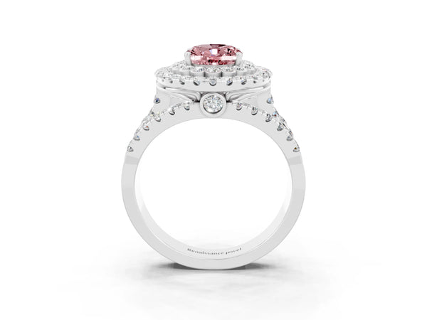 Platinum Double Halo Oval Cut Diamond Split Shank Pave Set Ring