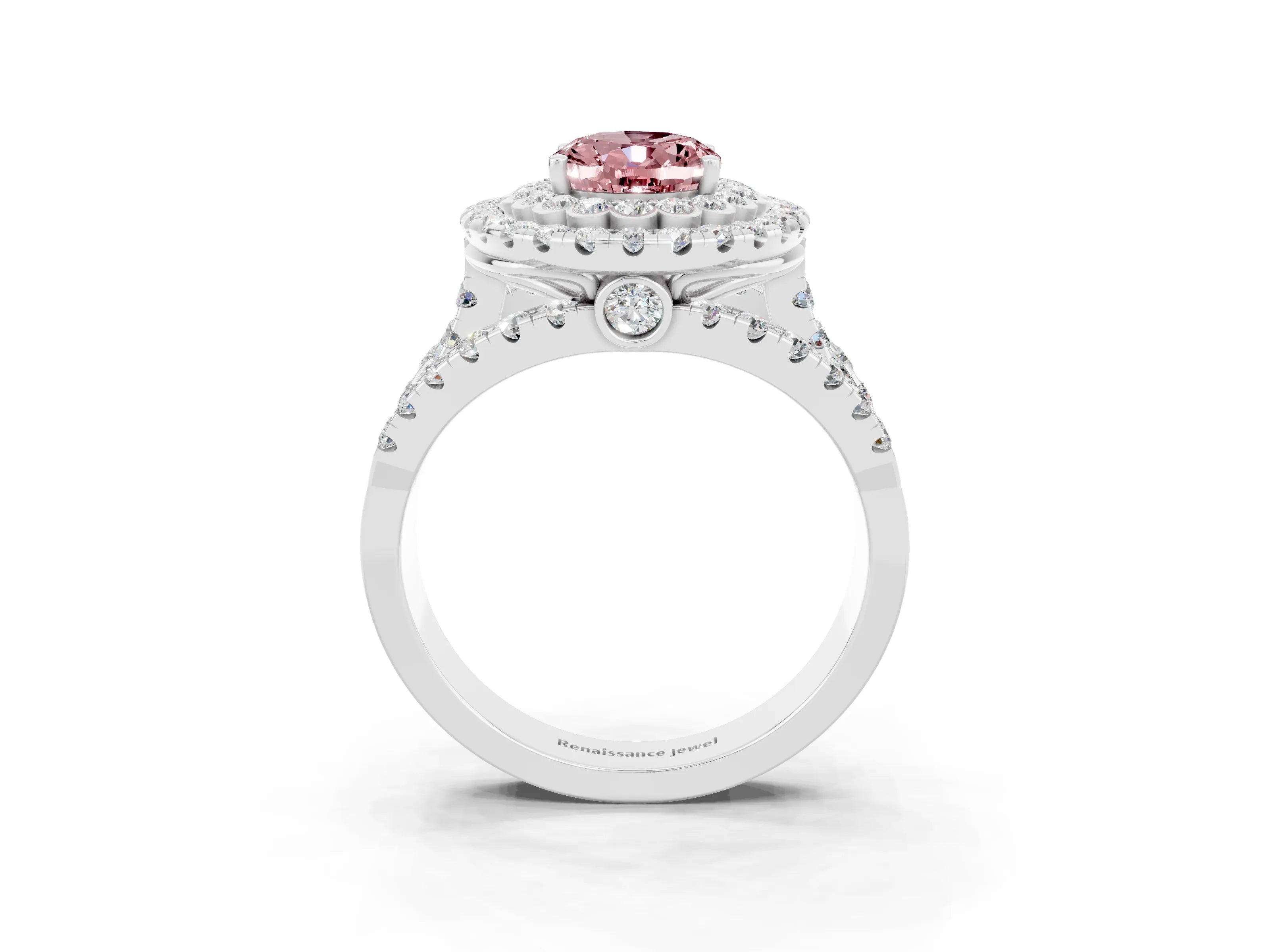 White gold Double Halo Oval Cut Diamond Split Shank Pave Set Ring_3