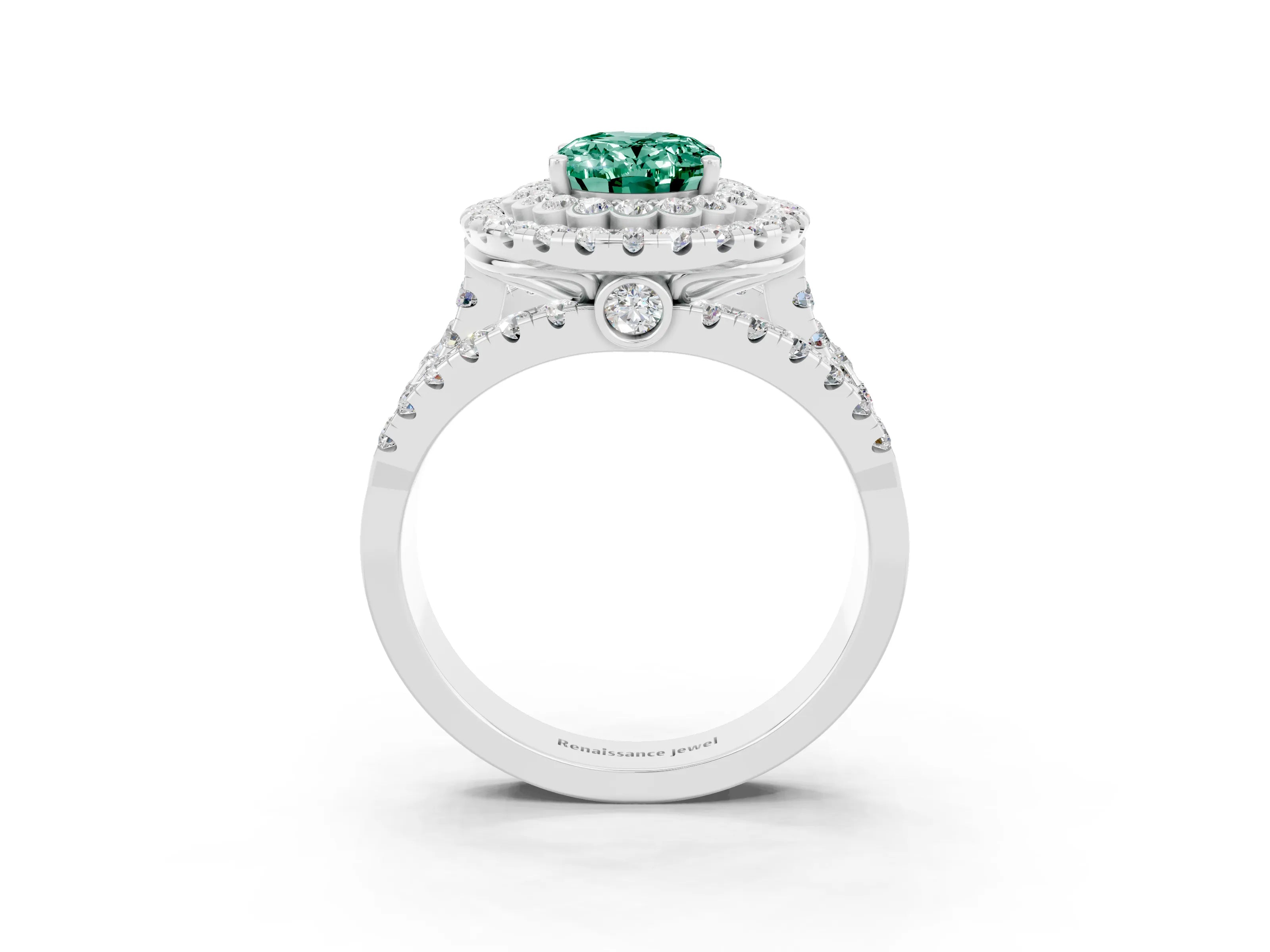 White gold Double Halo Oval Cut Diamond Split Shank Pave Set Ring_3