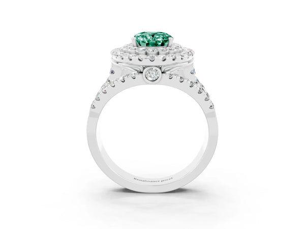 Silver Oval Cut Green Sapphire Double Halo Ring with Round Pavé Split Shank and Prong Setting