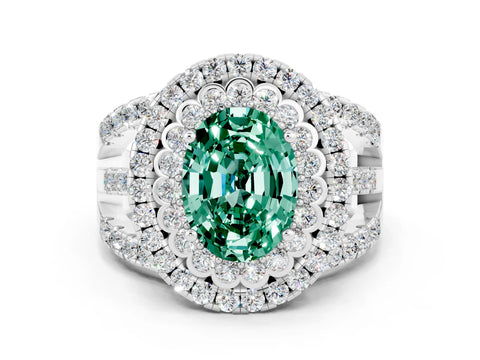 White gold Double Halo Oval Cut Diamond Split Shank Pave Set Ring
