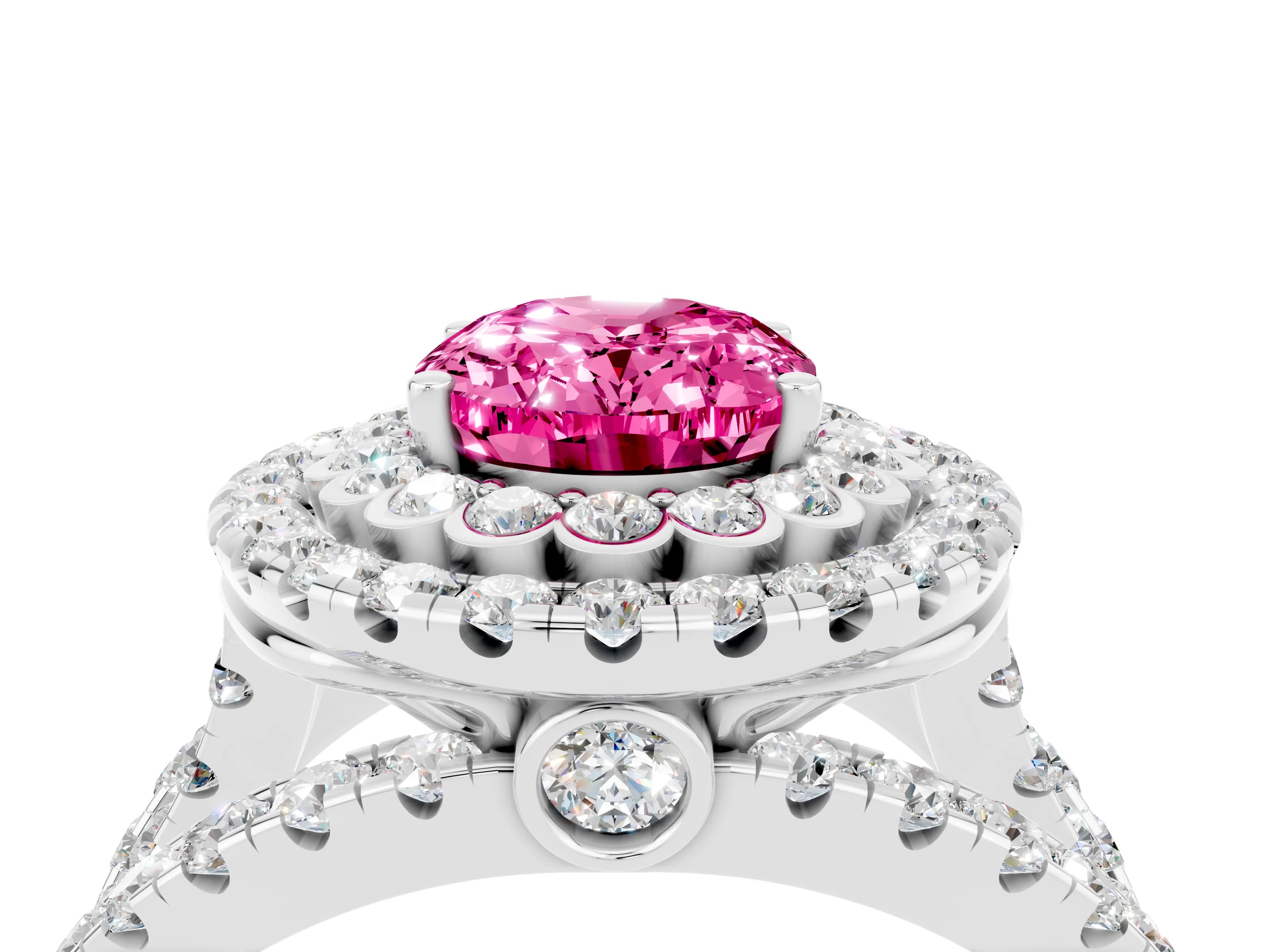 White gold Double Halo Oval Cut Diamond Split Shank Pave Set Ring_4