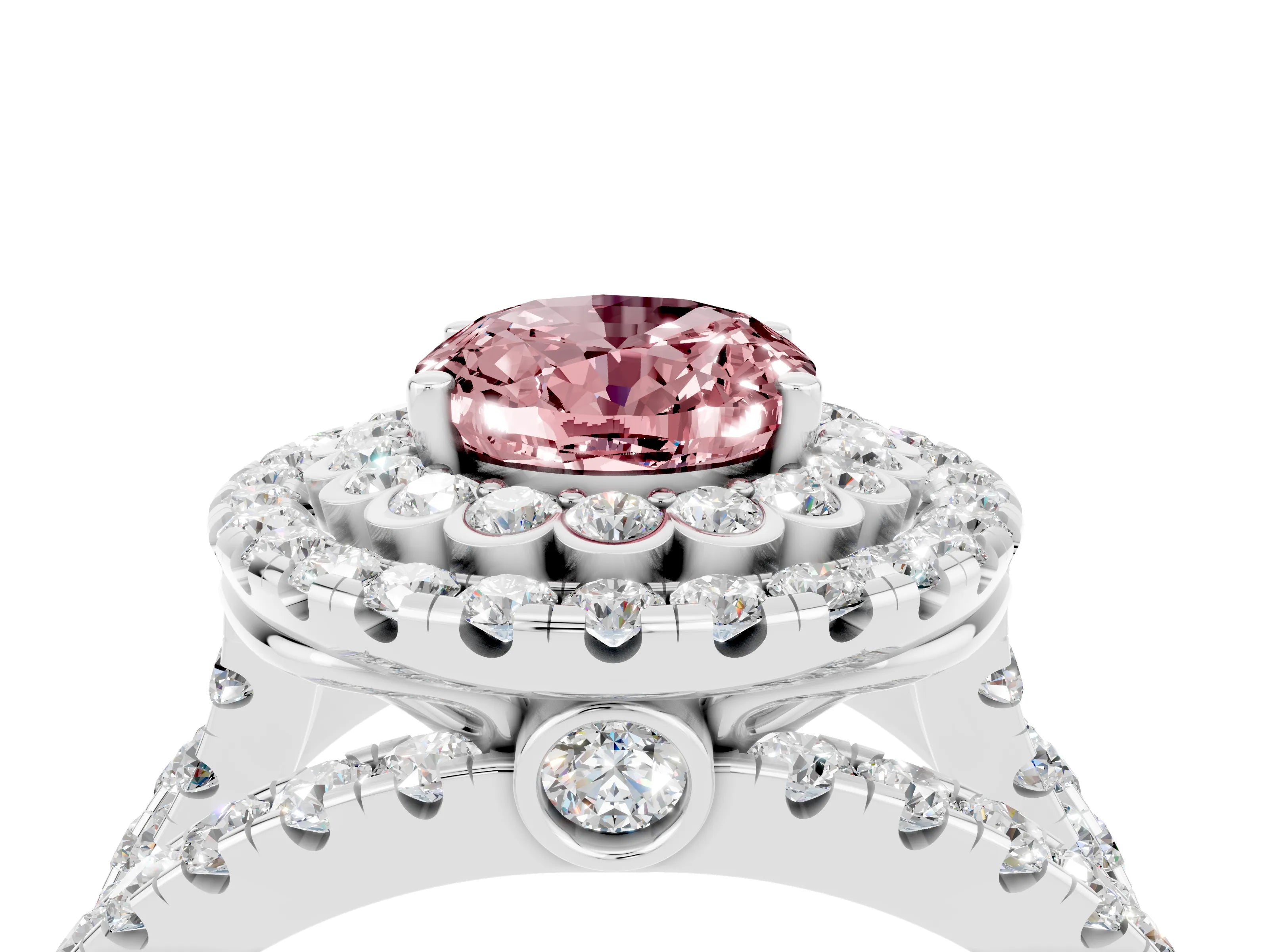 White gold Double Halo Oval Cut Diamond Split Shank Pave Set Ring_4