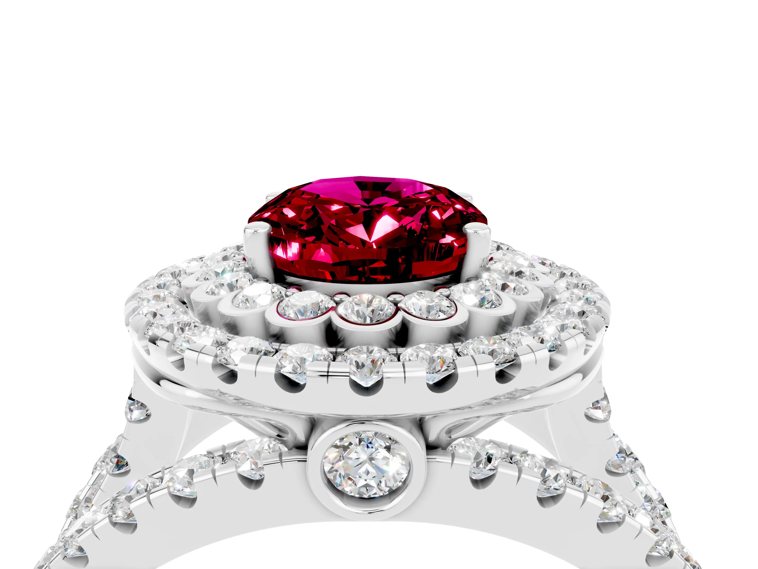 White gold Double Halo Oval Cut Diamond Split Shank Pave Set Ring_4