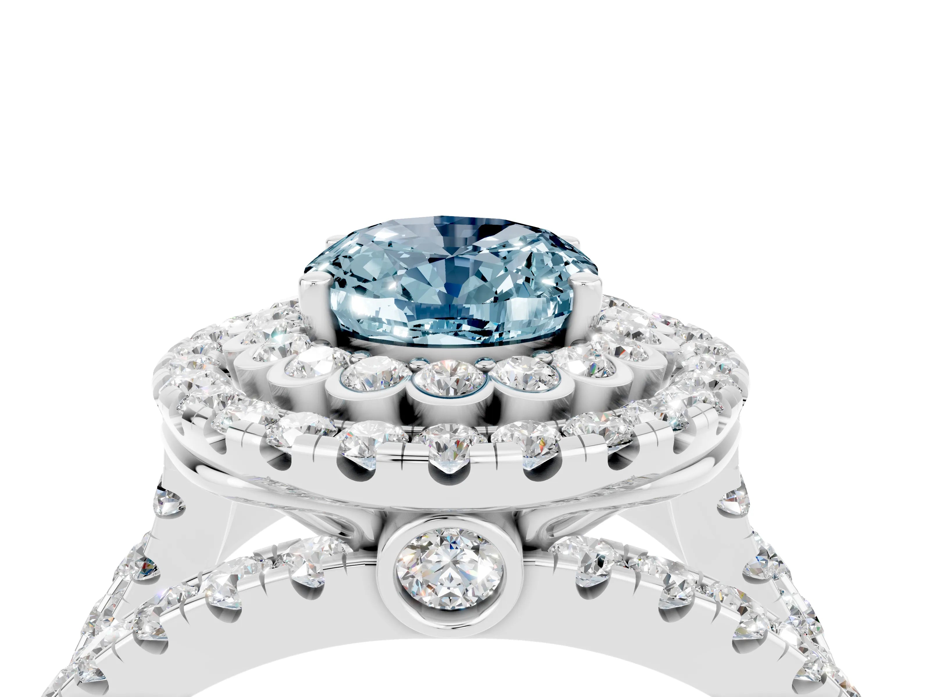 White gold Double Halo Oval Cut Diamond Split Shank Pave Set Ring_4