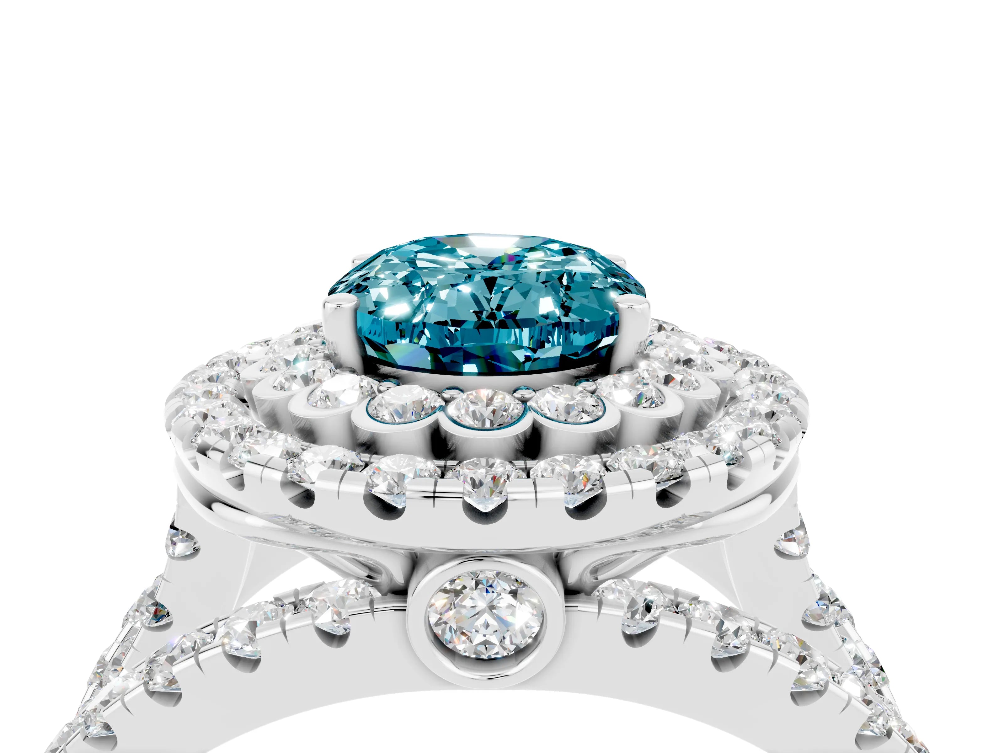 White gold Double Halo Oval Cut Diamond Split Shank Pave Set Ring_4