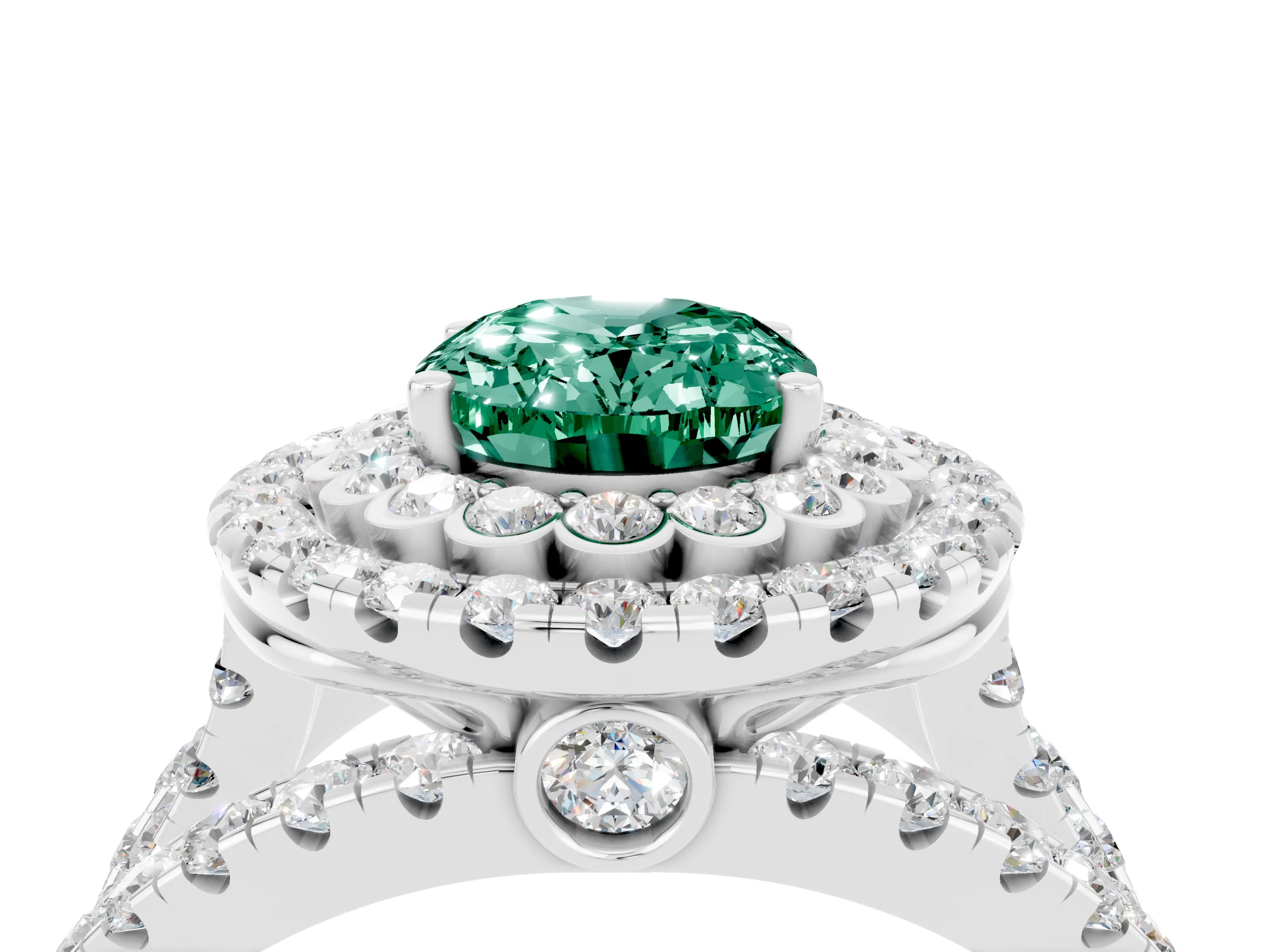White gold Double Halo Oval Cut Diamond Split Shank Pave Set Ring_4
