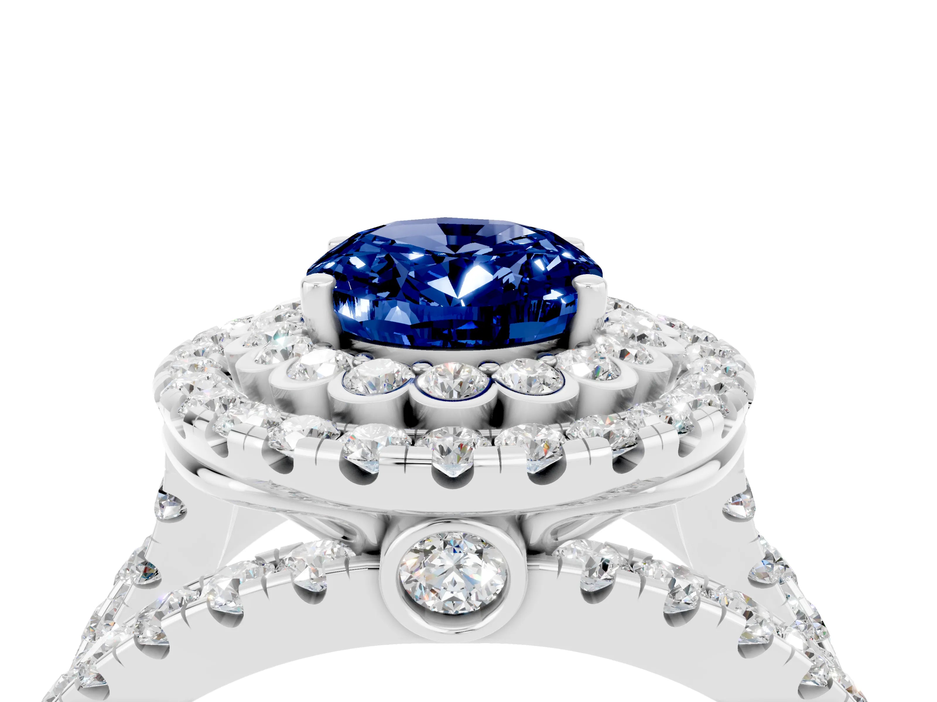 White gold Double Halo Oval Cut Diamond Split Shank Pave Set Ring_4