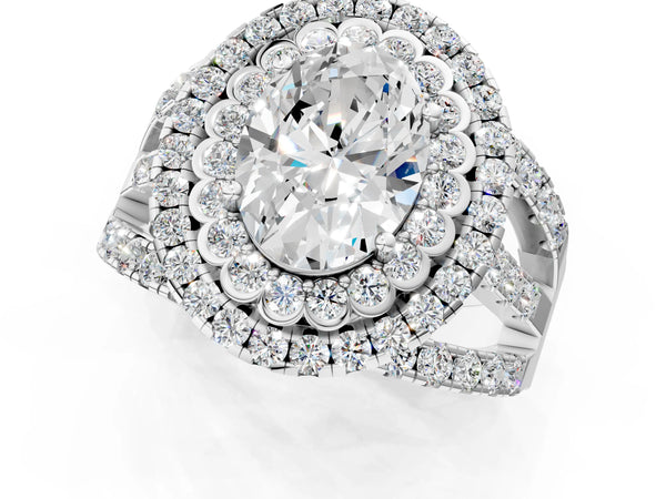 White Gold Oval Scalloped Double Halo Engagement Ring Setting