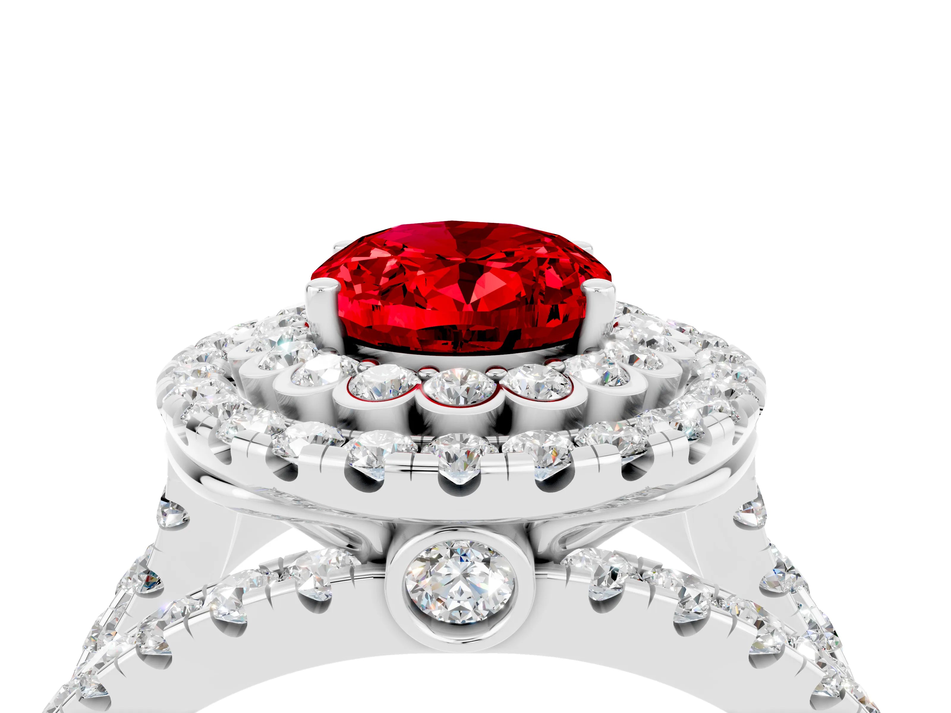 White gold Double Halo Oval Cut Diamond Split Shank Pave Set Ring_4