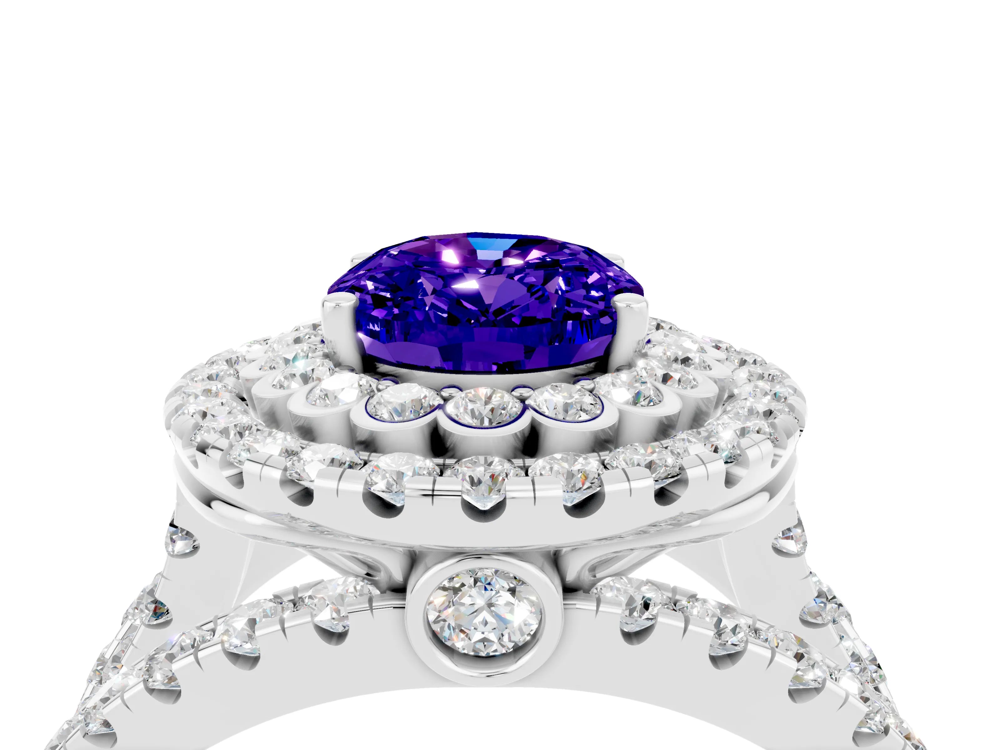 White gold Double Halo Oval Cut Diamond Split Shank Pave Set Ring_4