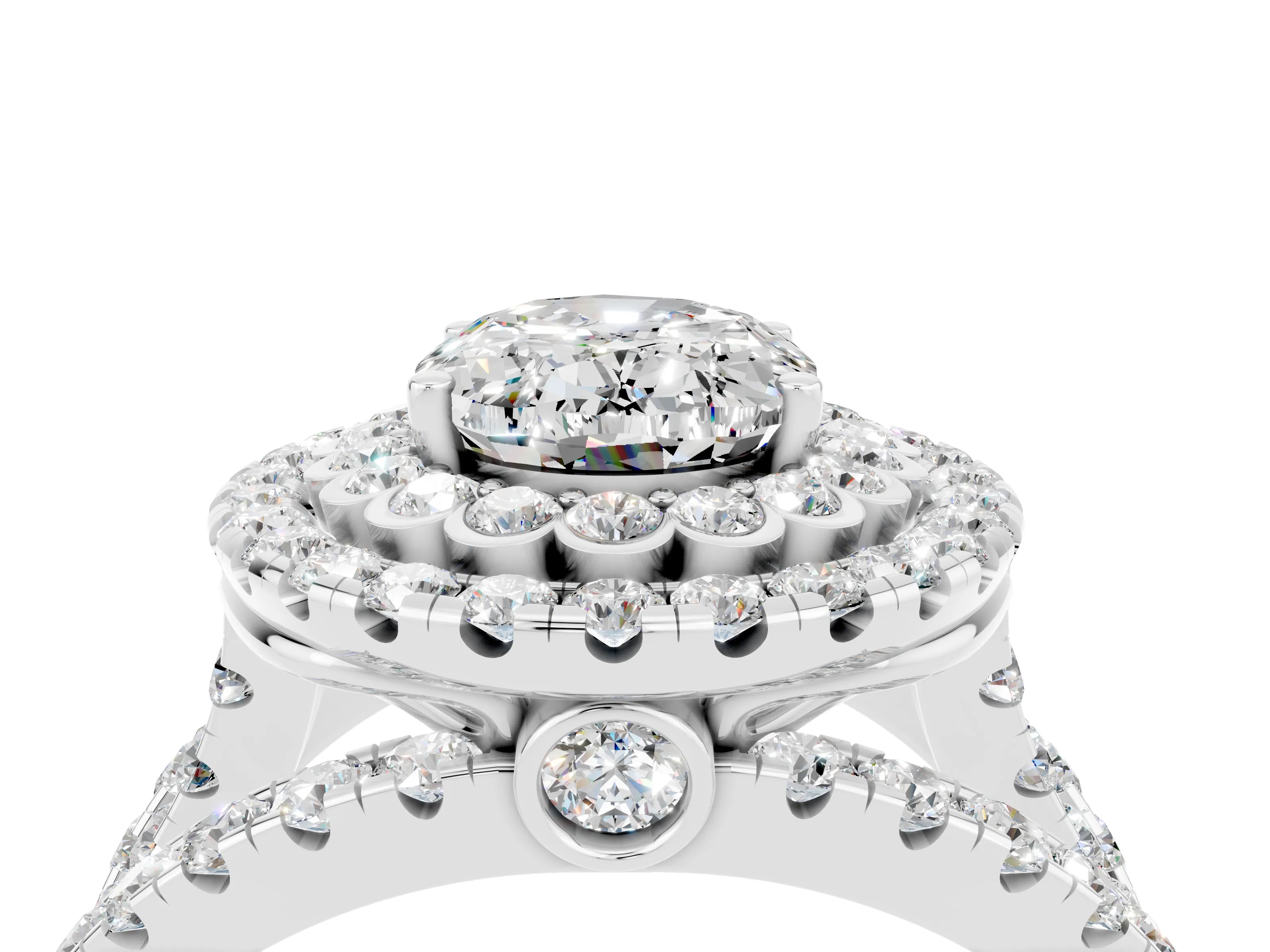 White gold Double Halo Oval Cut Diamond Split Shank Pave Set Ring_4