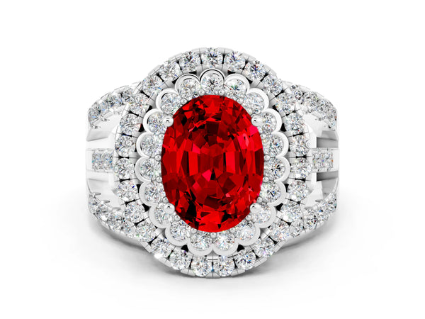 Silver Double Halo Oval Cut Diamond Split Shank Pave Set Ring