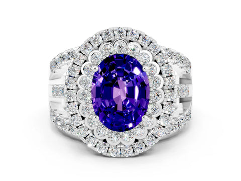 White gold Double Halo Oval Cut Diamond Split Shank Pave Set Ring