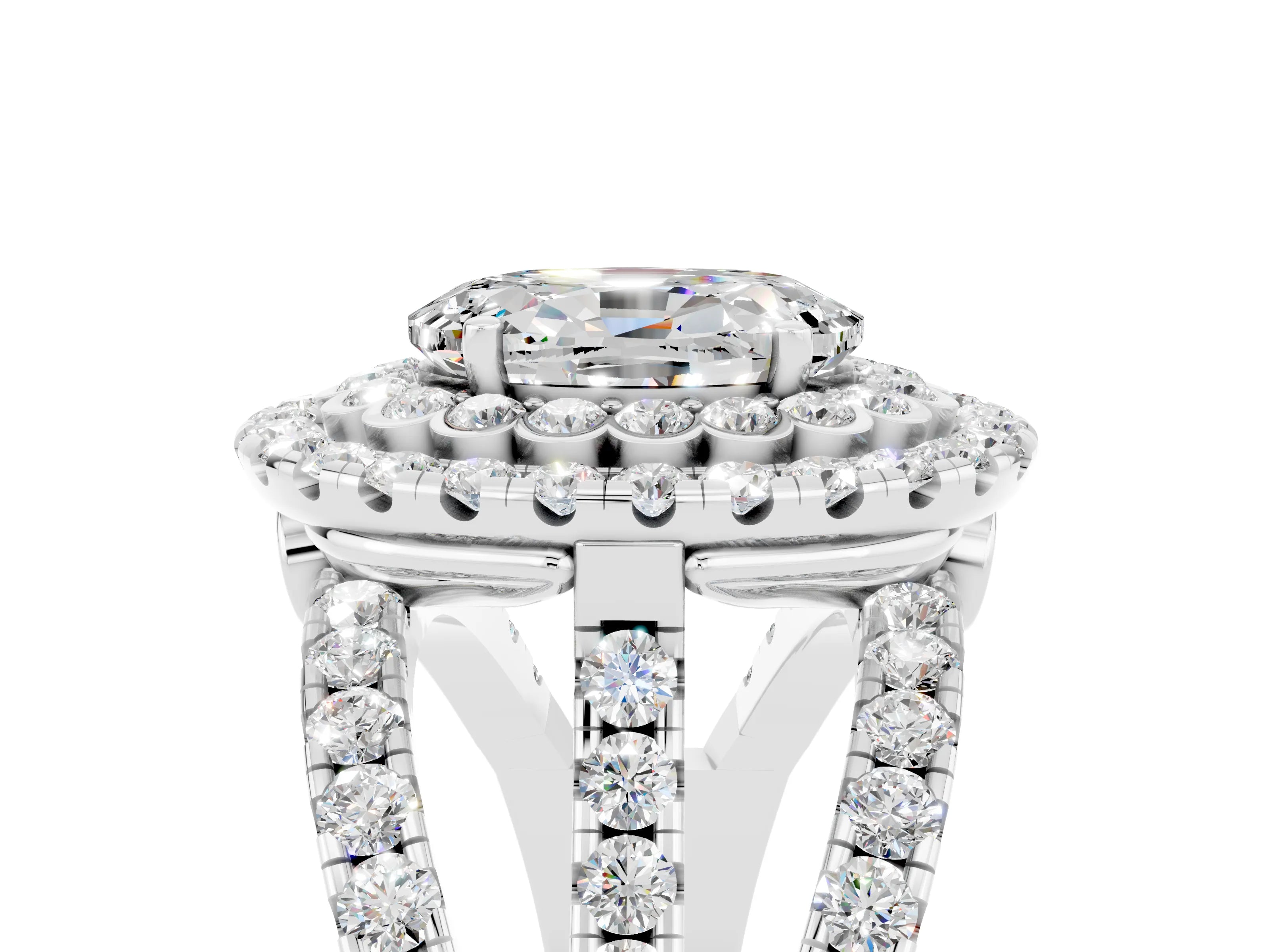 White gold Double Halo Oval Cut Diamond Split Shank Pave Set Ring_5
