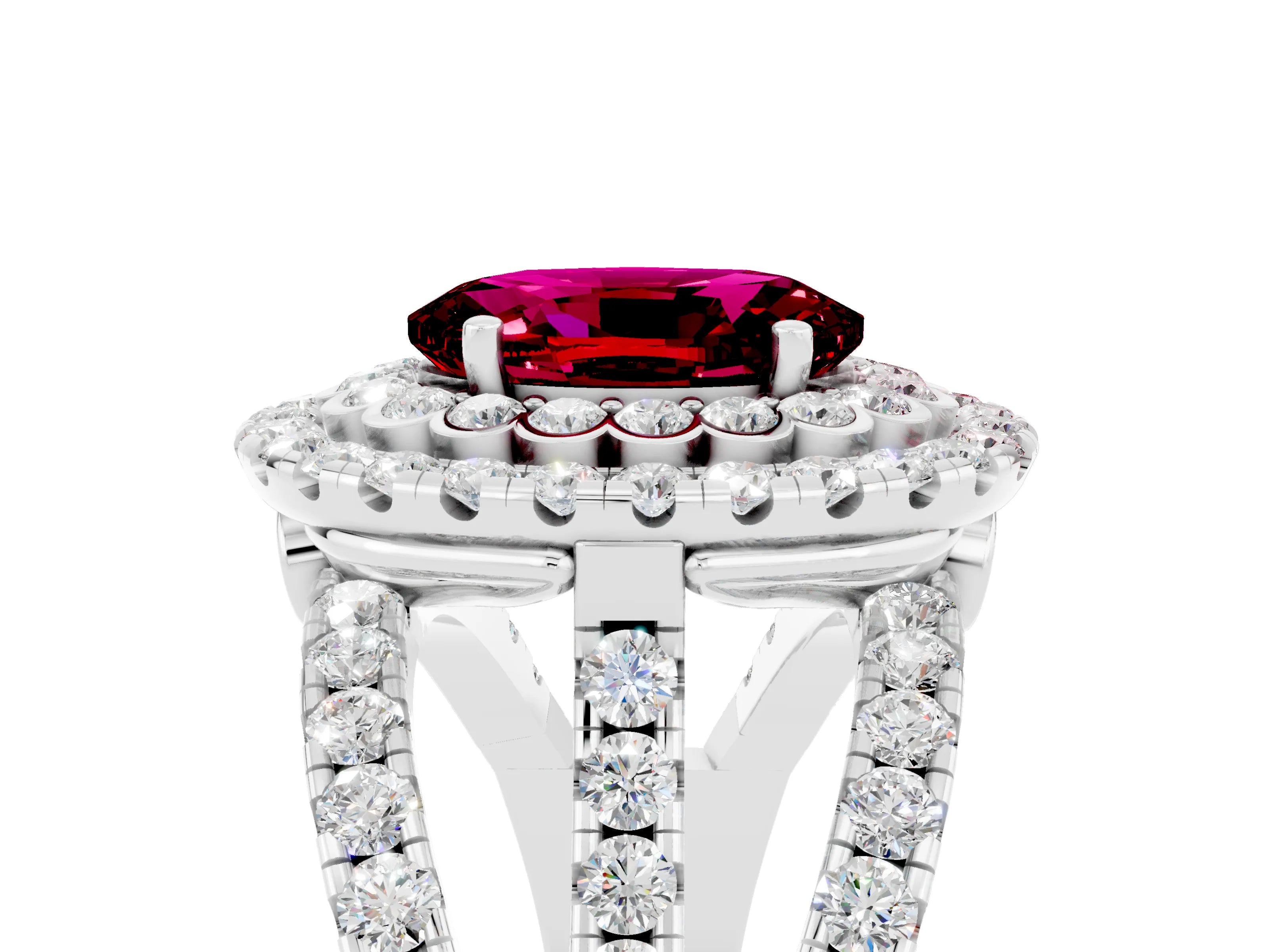 White gold Double Halo Oval Cut Diamond Split Shank Pave Set Ring_5