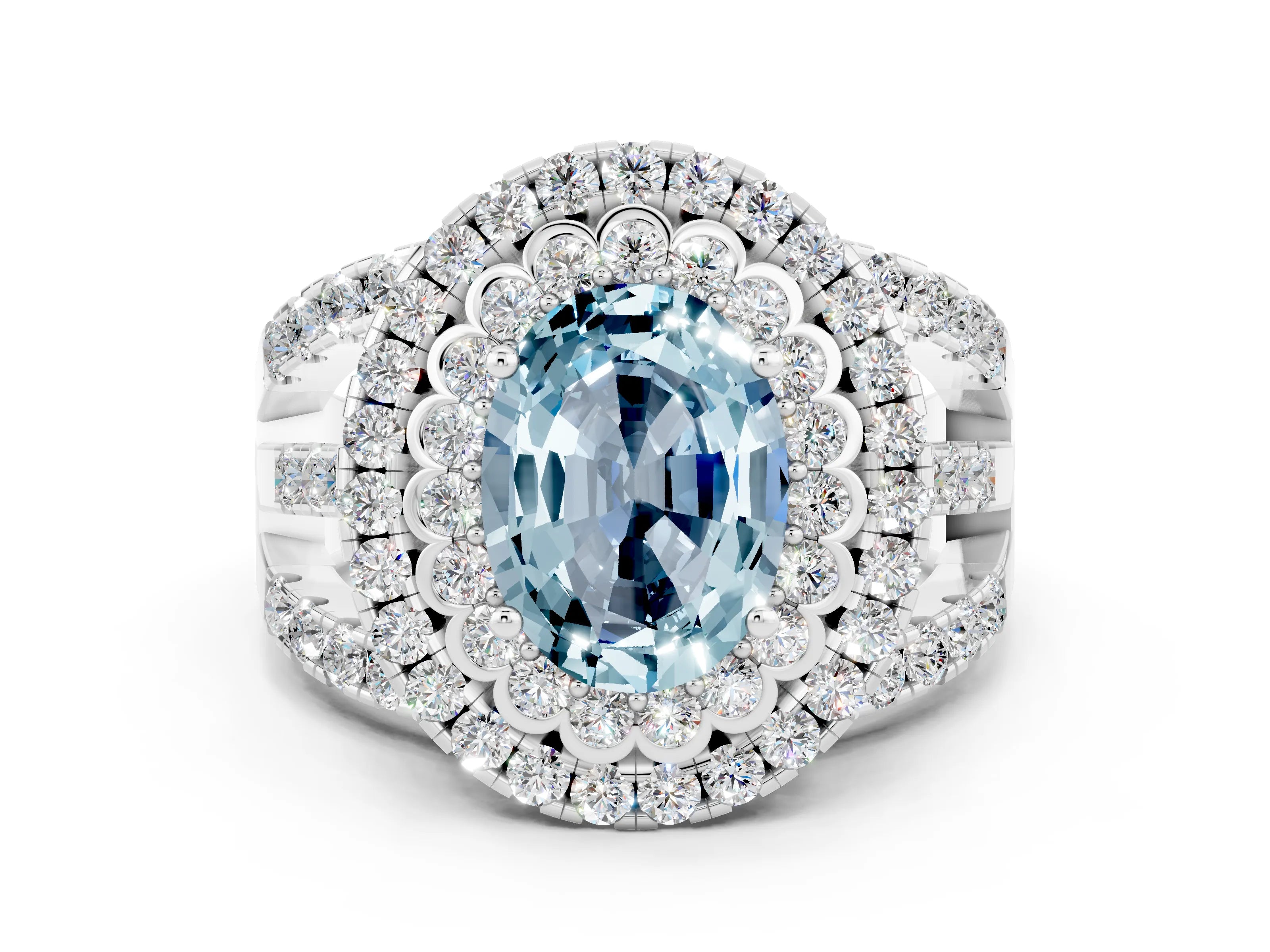 White gold Double Halo Oval Cut Diamond Split Shank Pave Set Ring