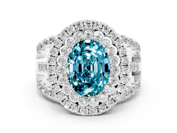 Platinum Double Halo Oval Cut Diamond Split Shank Pave Set Ring