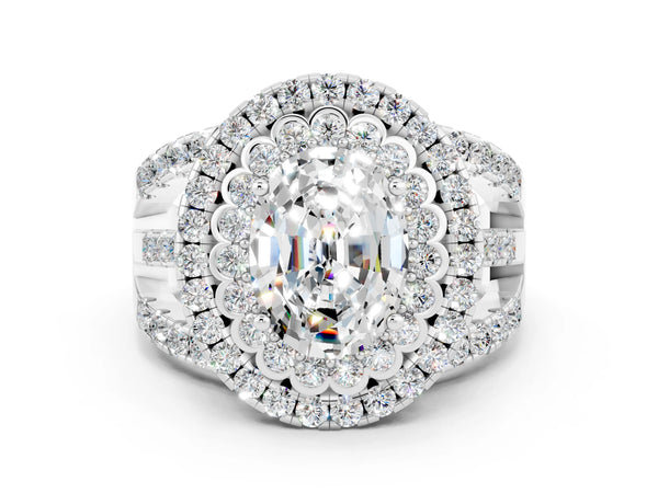 Silver Oval Cut Moissanite Double Halo Ring with Round Pavé Split Shank and Prong Setting