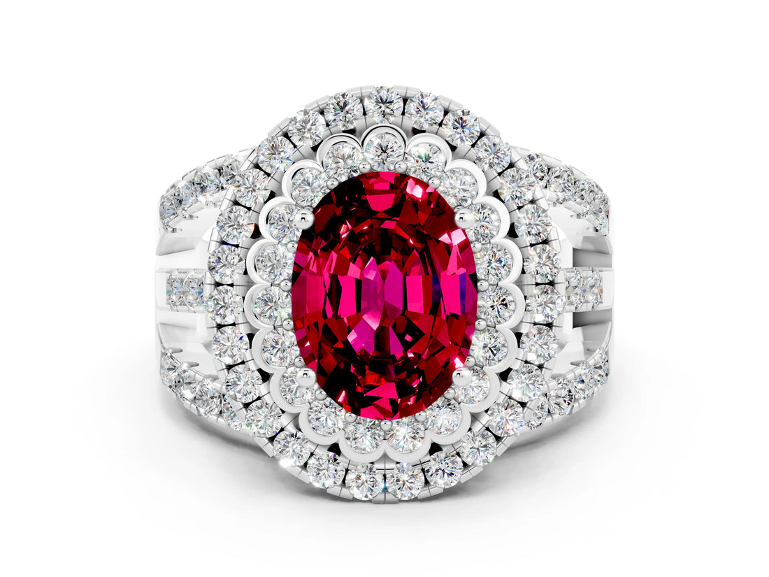 White gold Double Halo Oval Cut Diamond Split Shank Pave Set Ring