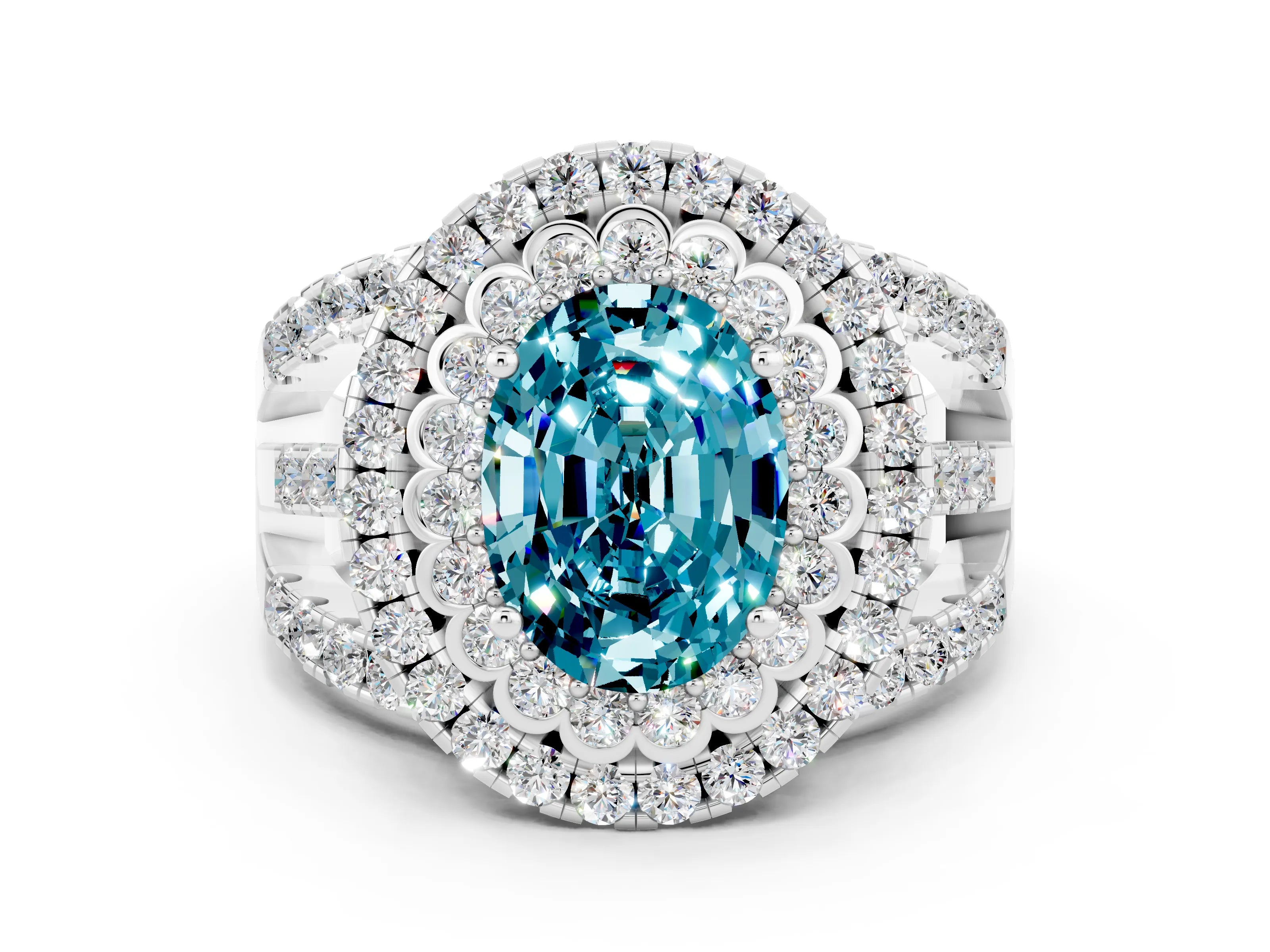 White gold Double Halo Oval Cut Diamond Split Shank Pave Set Ring