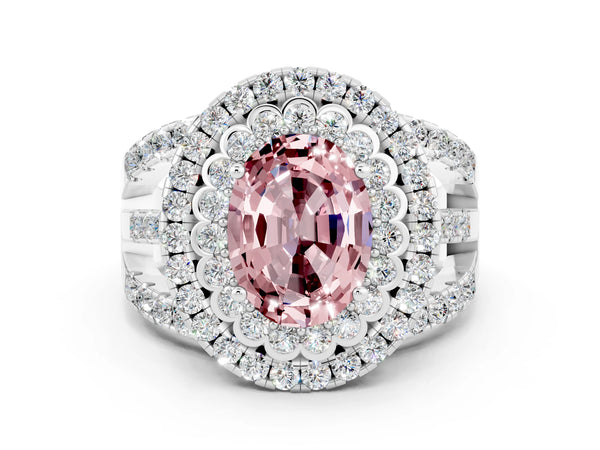 Silver Double Halo Oval Cut Diamond Split Shank Pave Set Ring