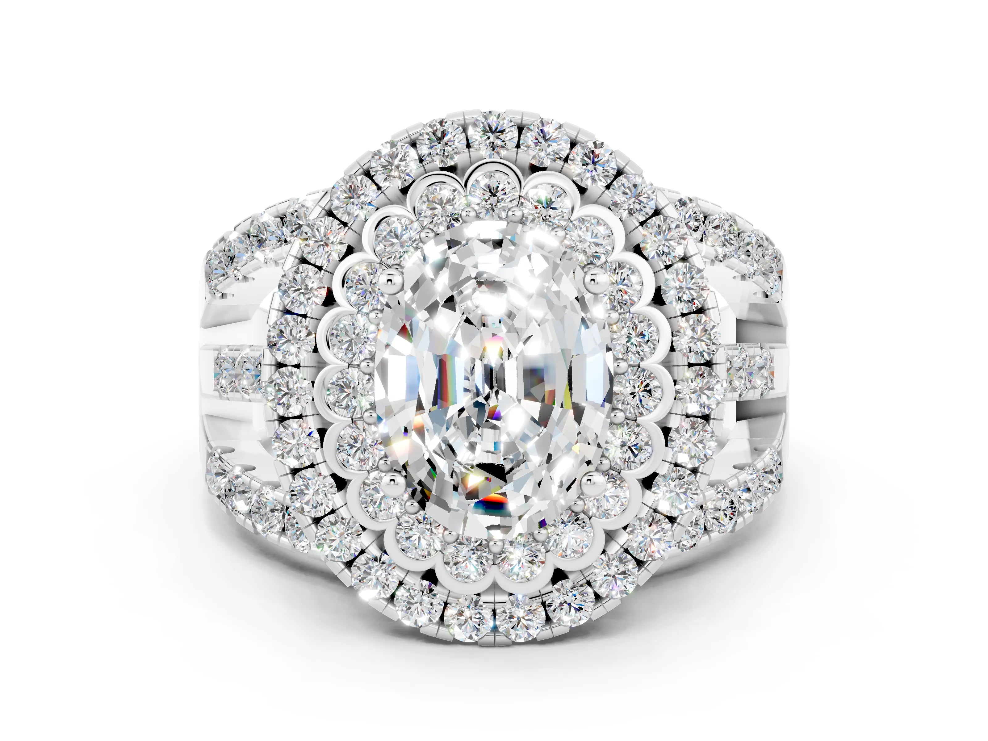 White gold Double Halo Oval Cut Diamond Split Shank Pave Set Ring
