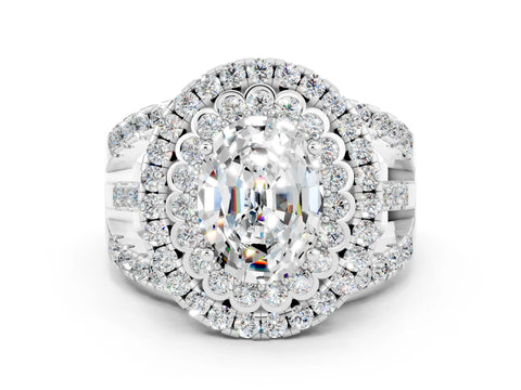 White gold Double Halo Oval Cut Diamond Split Shank Pave Set Ring