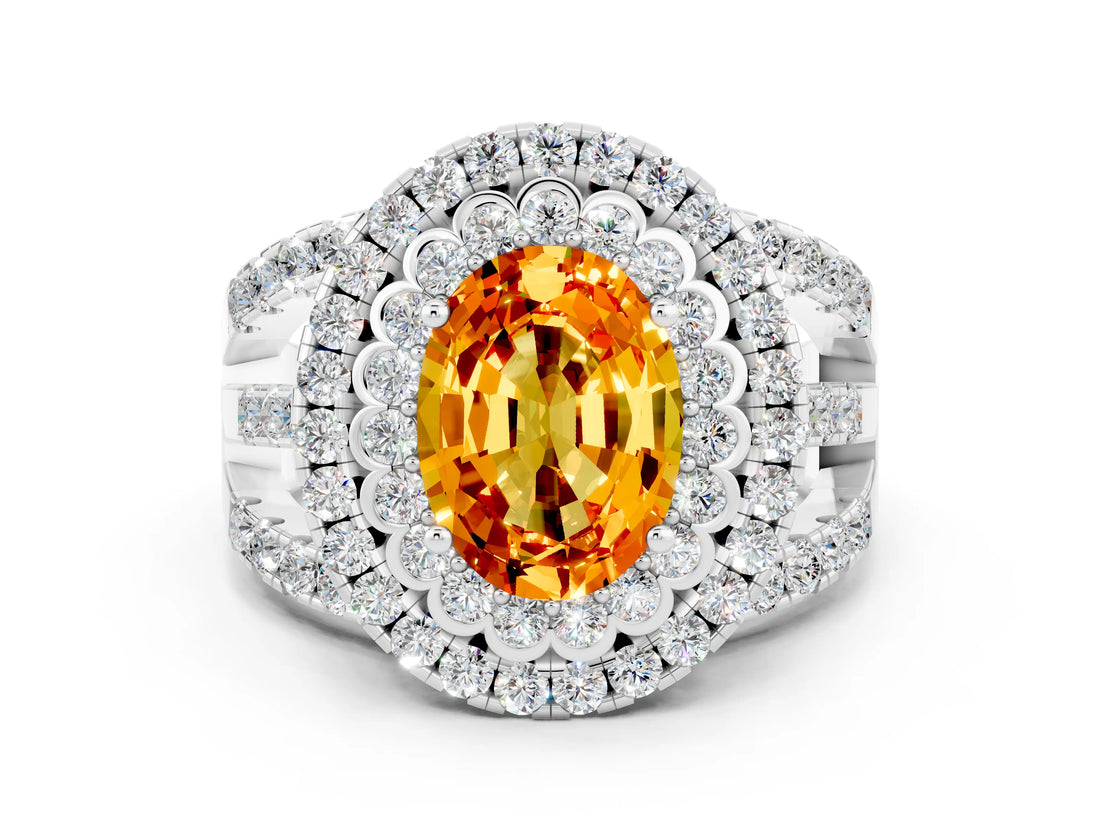White gold Double Halo Oval Cut Diamond Split Shank Pave Set Ring
