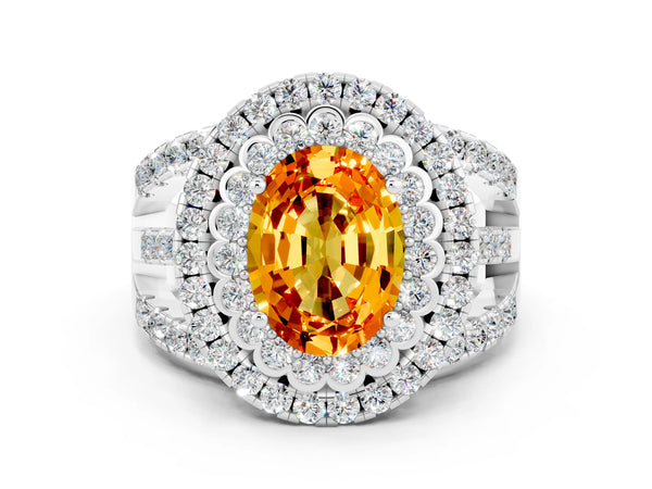 Silver Oval Cut Citrine Double Halo Ring with Round Pavé Split Shank and Prong Setting