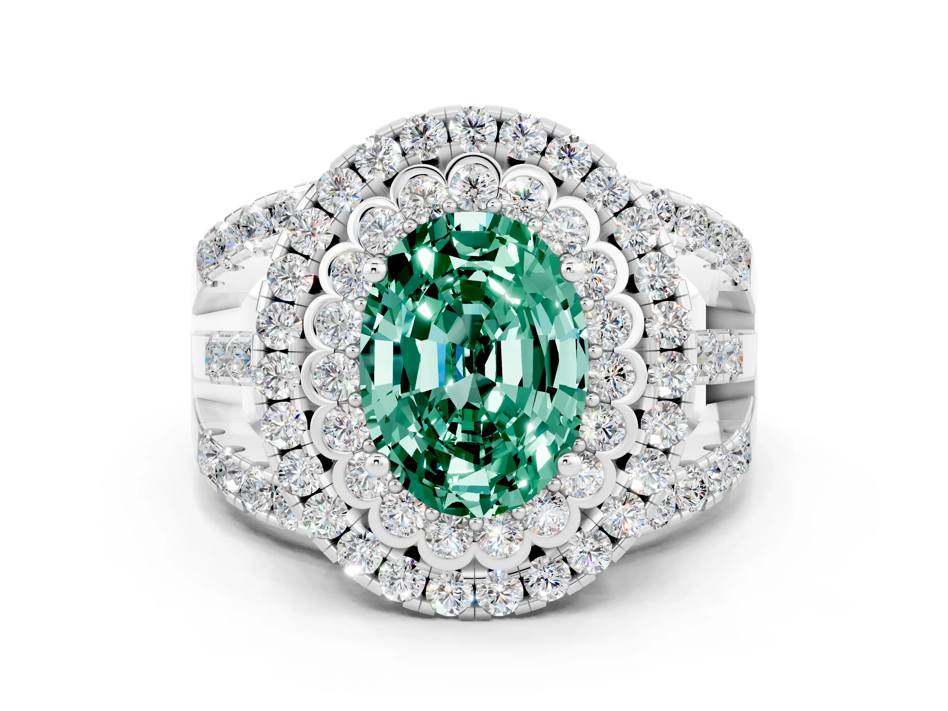 White gold Double Halo Oval Cut Diamond Split Shank Pave Set Ring