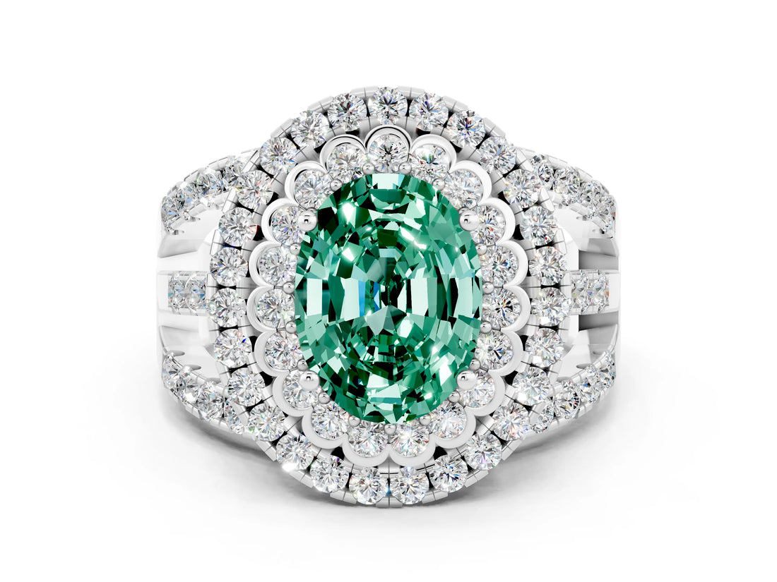 White gold Double Halo Oval Cut Diamond Split Shank Pave Set Ring