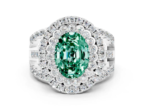 Platinum Oval Cut Green Sapphire Double Halo Ring with Round Pavé Split Shank and Prong Setting