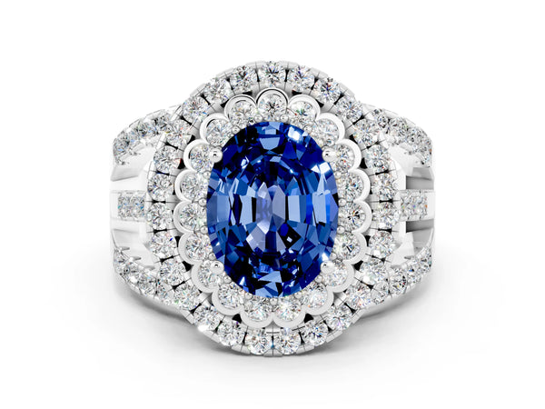 White gold Double Halo Oval Cut Diamond Split Shank Pave Set Ring