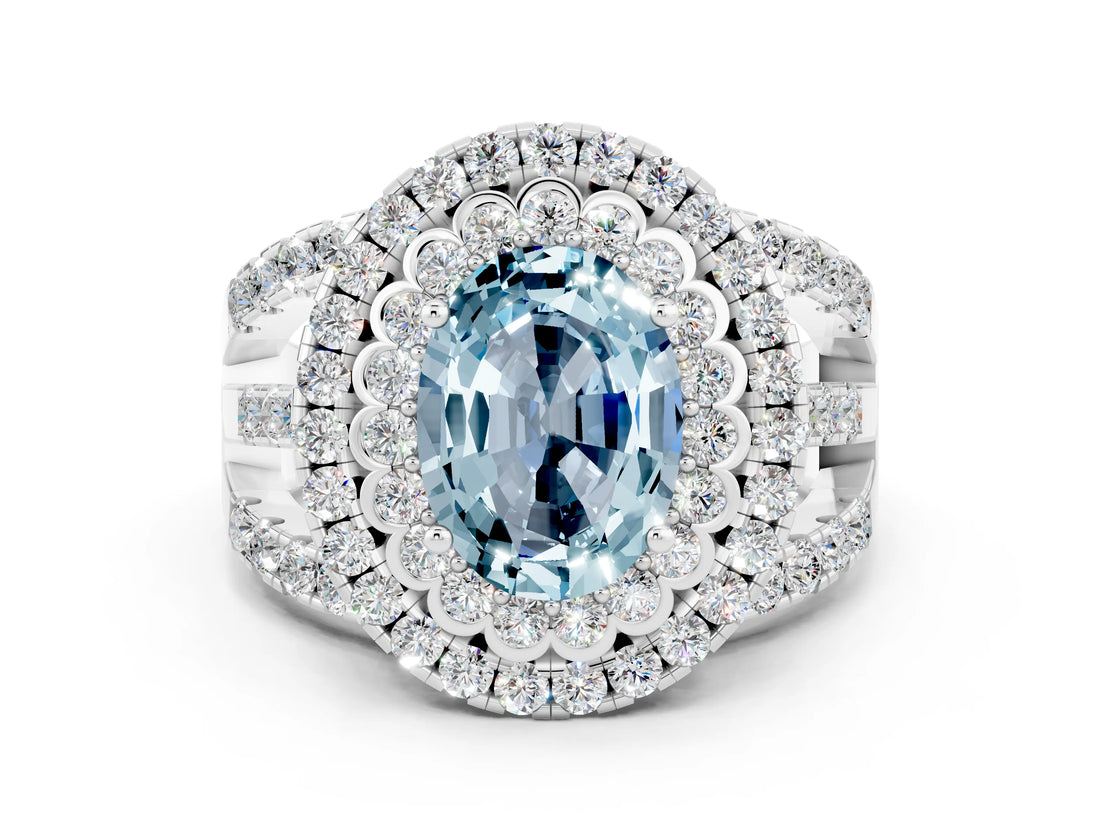 White gold Double Halo Oval Cut Diamond Split Shank Pave Set Ring