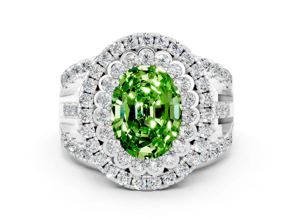 White gold Double Halo Oval Cut Diamond Split Shank Pave Set Ring