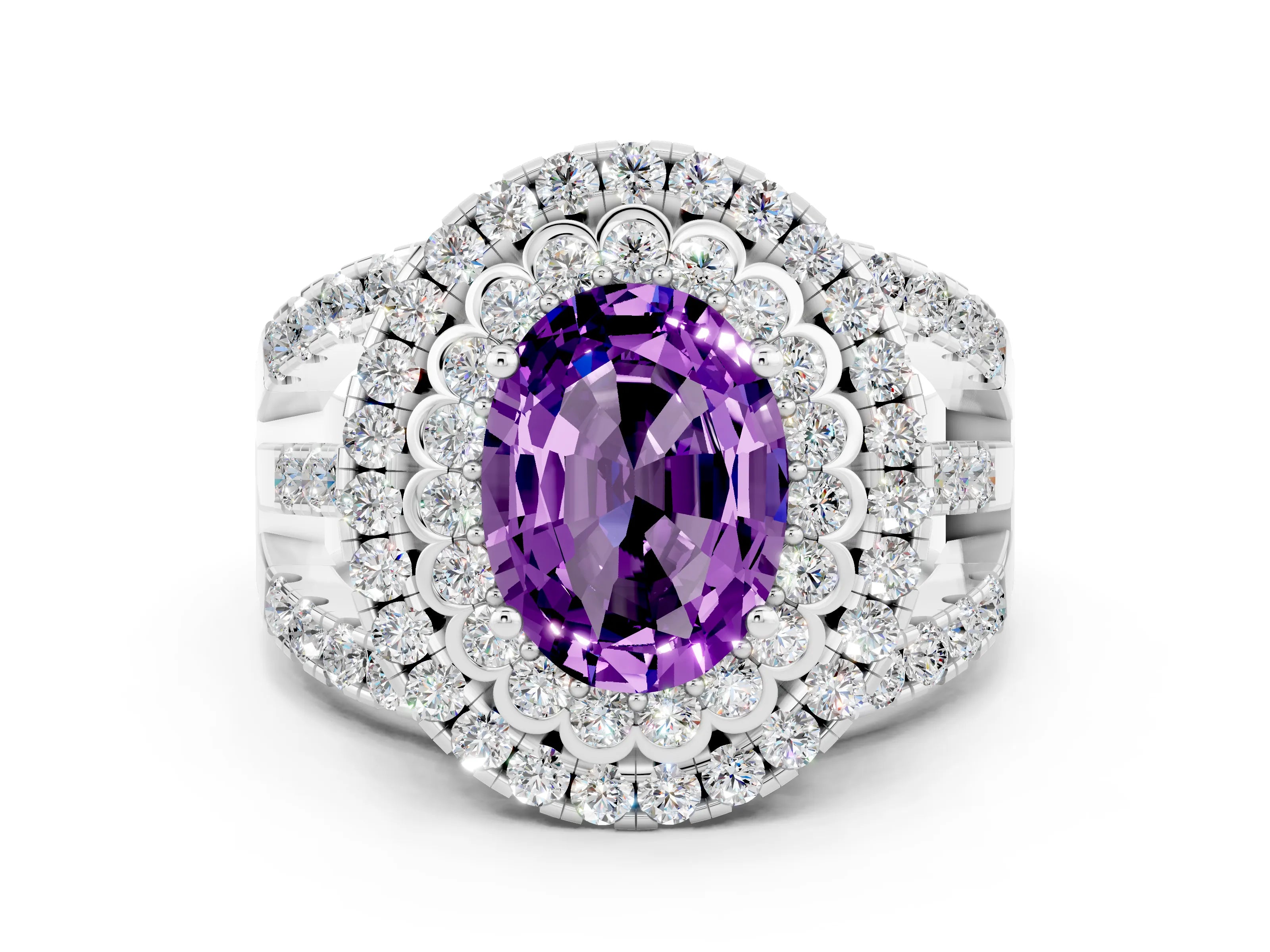 White gold Double Halo Oval Cut Diamond Split Shank Pave Set Ring