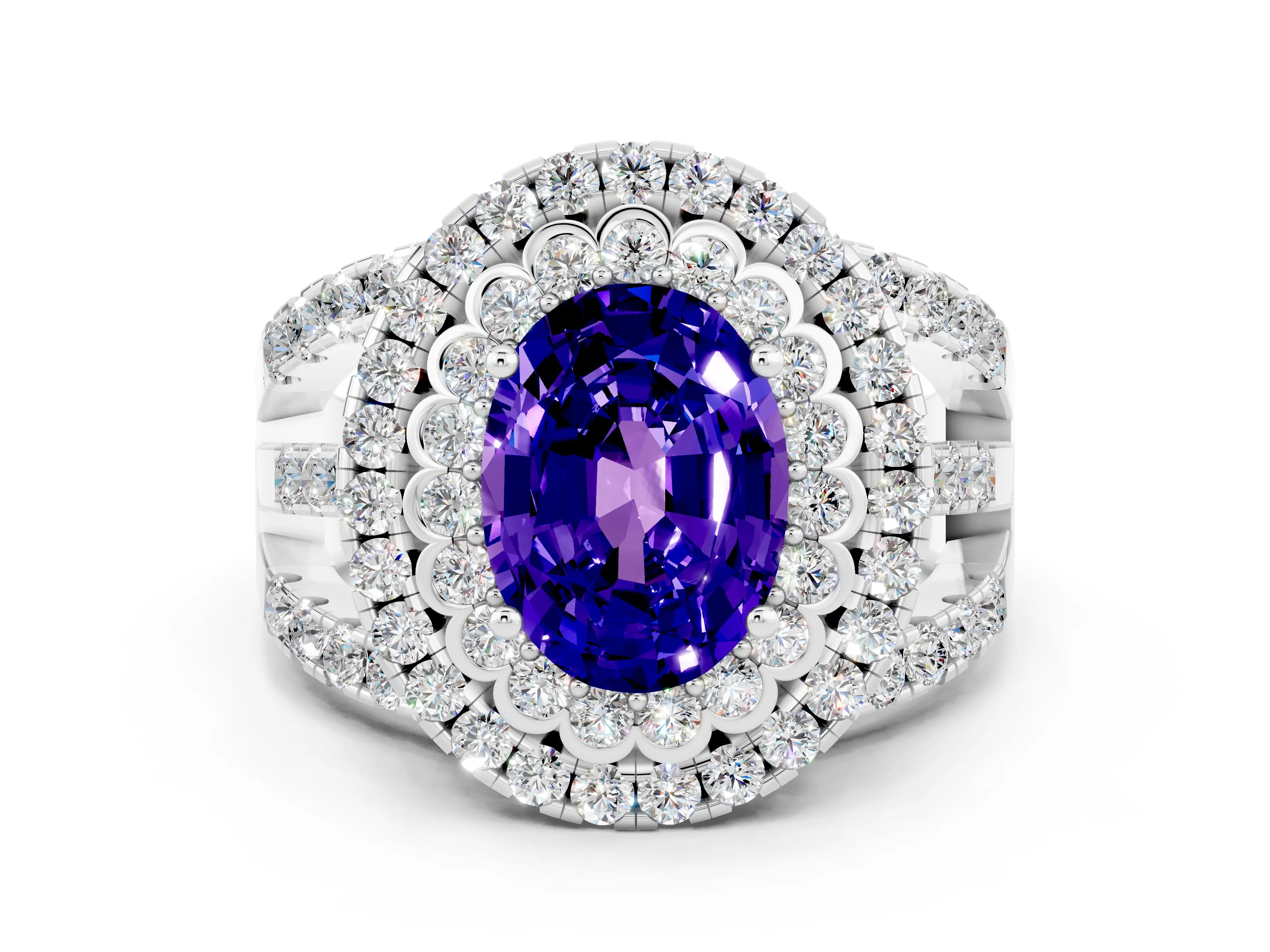 White gold Double Halo Oval Cut Diamond Split Shank Pave Set Ring