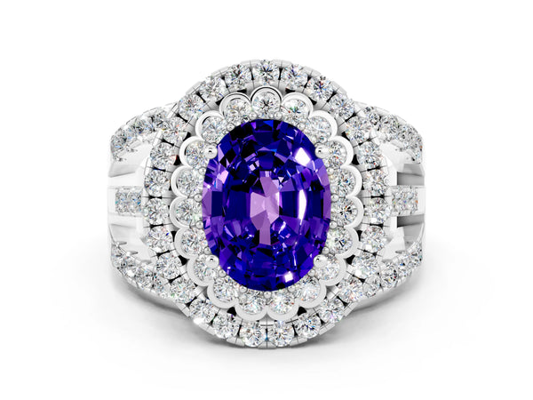 Platinum Oval Cut Tanzanite Double Halo Ring with Round Pavé Split Shank and Prong Setting