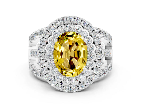 Silver Oval Cut Yellow Sapphire Double Halo Ring with Round Pavé Split Shank and Prong Setting