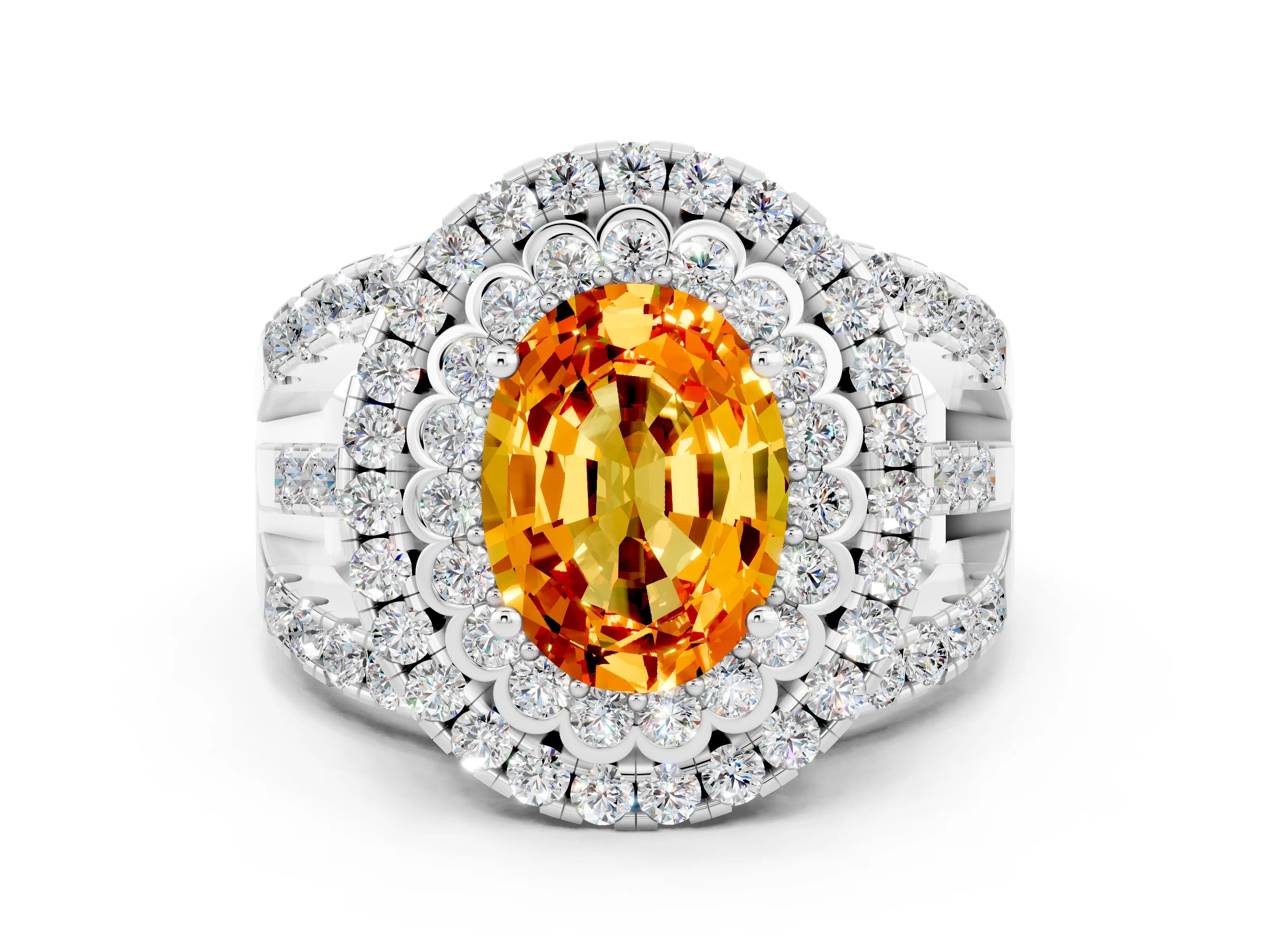 White gold Double Halo Oval Cut Diamond Split Shank Pave Set Ring