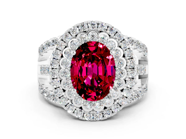 Platinum Oval Cut Garnet Double Halo Ring with Round Pavé Split Shank and Prong Setting