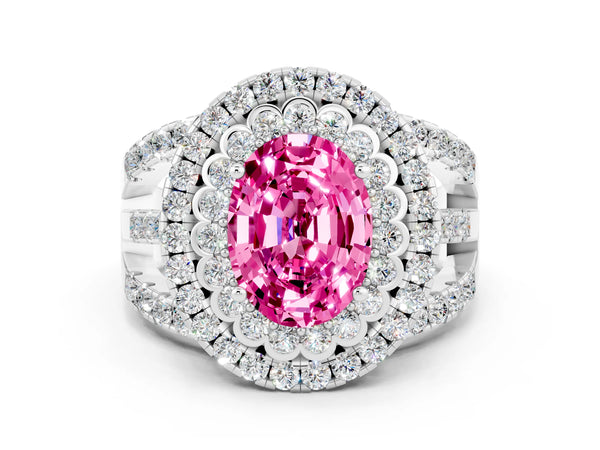 Sterling Silver Oval Lab-Grown Pink Sapphire Double Halo Engagement Ring with Split Shank