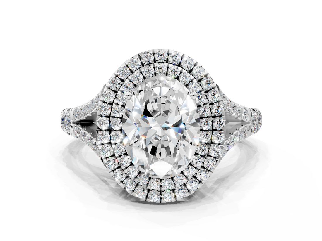 White gold Double Halo Oval Cut Diamond Split Shank Ring with Four Prong Setting_45