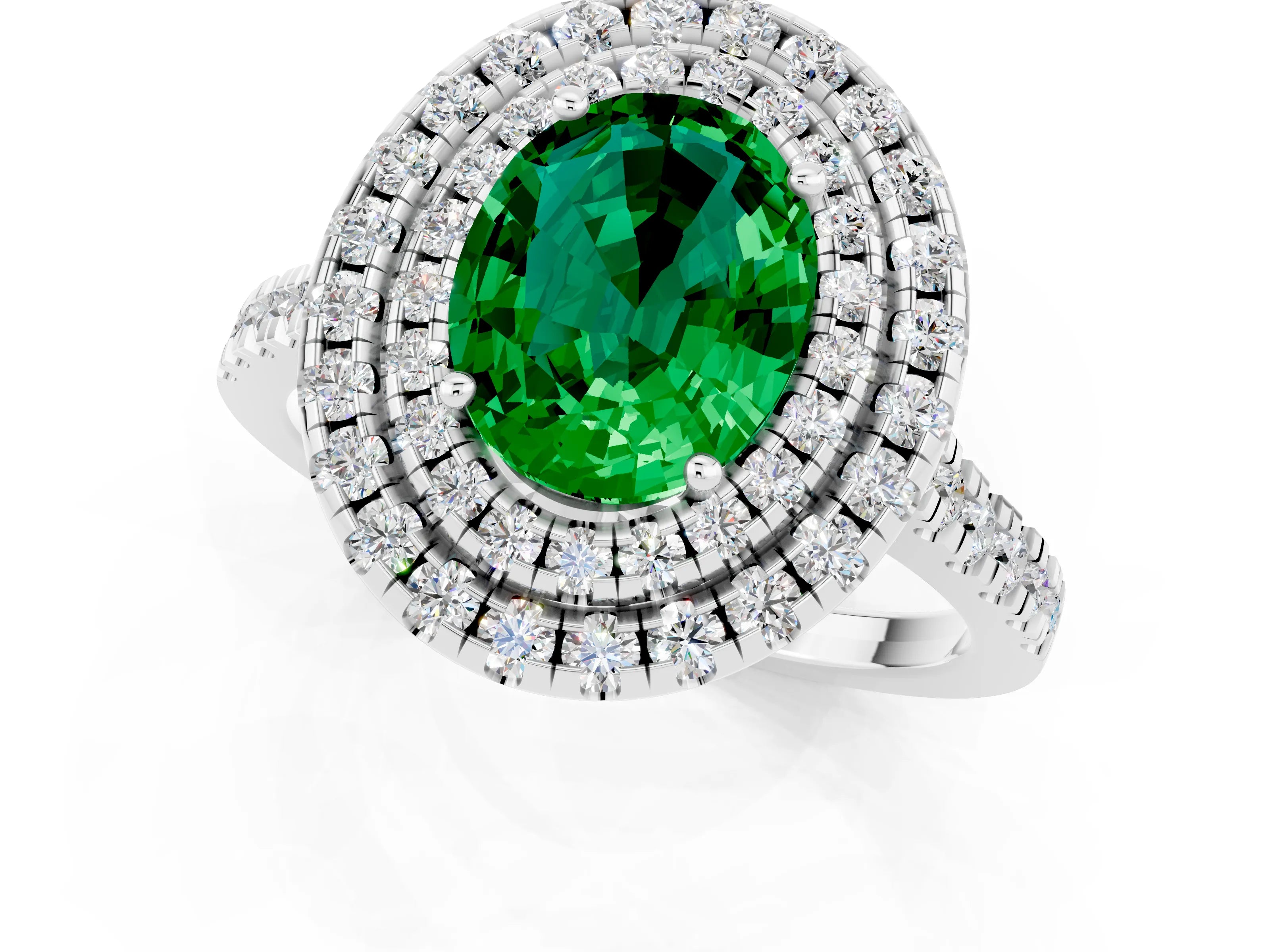 White gold Double Halo Oval Cut Emerald Pavé Band with Four-Prong Setting_1