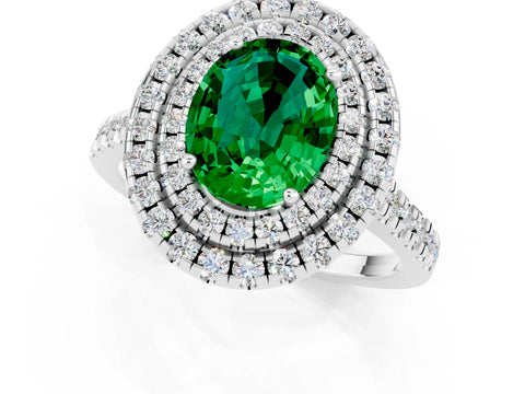 White gold Double Halo Oval Cut Emerald Pavé Band with Four-Prong Setting_1