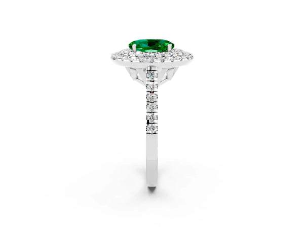 Silver Double Halo Oval Cut Emerald Pavé Band with Four-Prong Setting